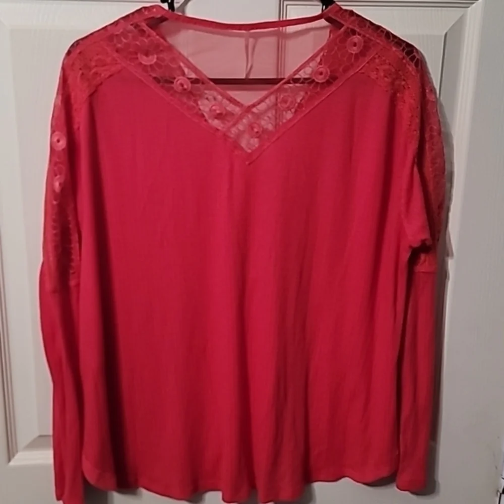 Free People Women's Dolman Sleeve Baja Babe Hacci Lace Tee Top Red XS‎